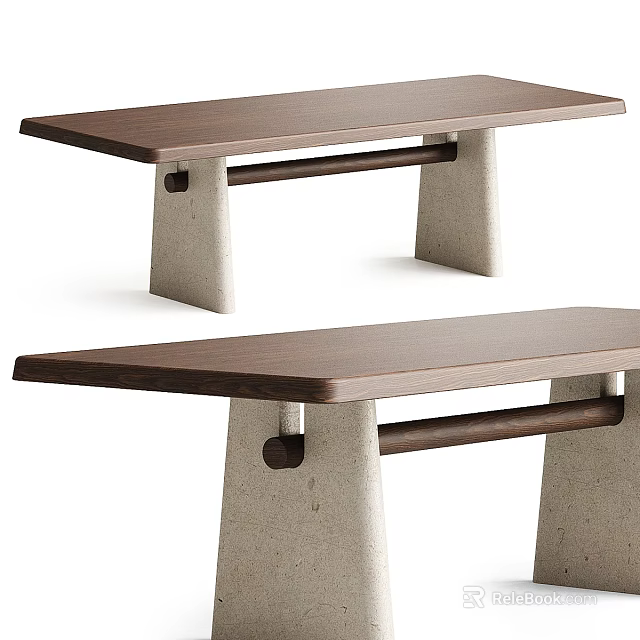 Modern Dining Table With Rectangular Wooden Tabletop And Sturdy Concrete Legs With Wooden Crossbar 3d model 