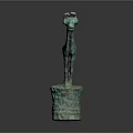 Ancient Bronze Animal Sculpture With Greenish Patina Standing On Cylindrical Pedestal Base