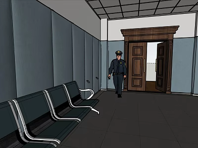 Court Waiting Area Interior With Wooden Door Benches And Uniformed Officer 3d model