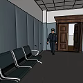 Court Waiting Area Interior With Wooden Door Benches And Uniformed Officer