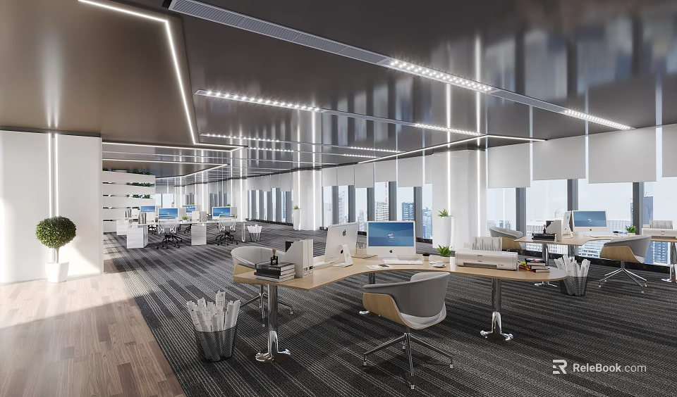 Modern Public Office Space With Workstations Computers Comfortable Chairs Ceiling Lights And Natural Lighting 3d model 