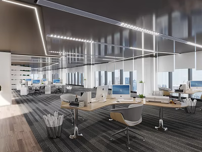 Modern Public Office Space With Workstations Computers Comfortable Chairs Ceiling Lights And Natural Lighting 3d model