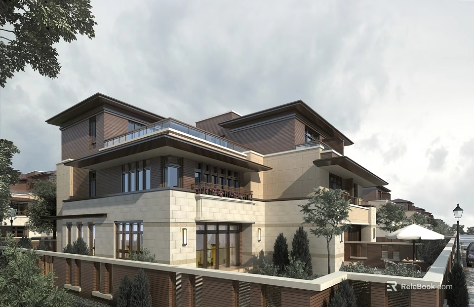 Modern Detached Villa Exterior Design With Balcony Large Windows Stone Facade And Greenery 3d model 