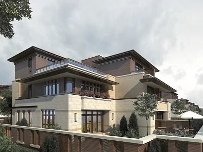 Modern Detached Villa Exterior Design With Balcony Large Windows Stone Facade And Greenery 3d model