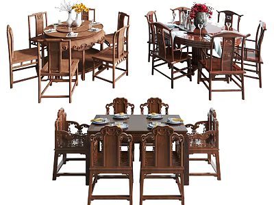 Chinese Traditional Wooden Dining Table Set with Matching Chairs and Carved Details 3d model