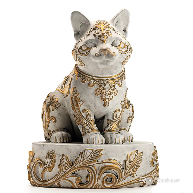 Ceramic Cat Figurine With Intricate Golden Patterns On Pedestal Base 3d model 