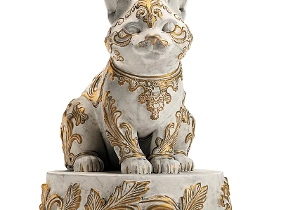 Ceramic Cat Figurine With Intricate Golden Patterns On Pedestal Base 3d model