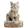 Ceramic Cat Figurine With Intricate Golden Patterns On Pedestal Base 3d model