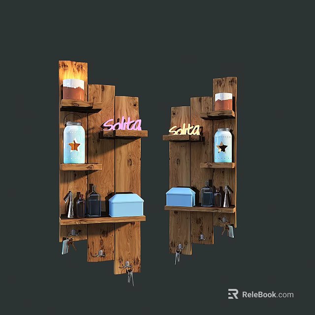 Rustic Wooden Wall Cabinets In Kitchen With Salsa Bottles And Decorative Boxes 3d model 