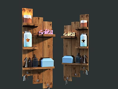 Rustic Wooden Wall Cabinets In Kitchen With Salsa Bottles And Decorative Boxes 3d model