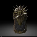 Ornate Decorative Shield Weapon With Golden Sun Motif Lion Head Feathered Design And Intricate Details