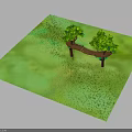 Green Grassland Featuring Wooden Bench And Two Trees In Scenic View
