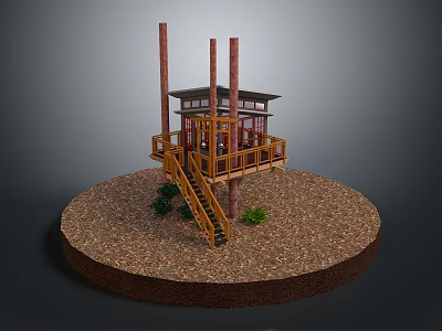 Detailed Miniature Wooden Treehouse Model With Staircase Small Plants And Circular Ground 3d model