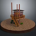 Detailed Miniature Wooden Treehouse Model With Staircase Small Plants And Circular Ground