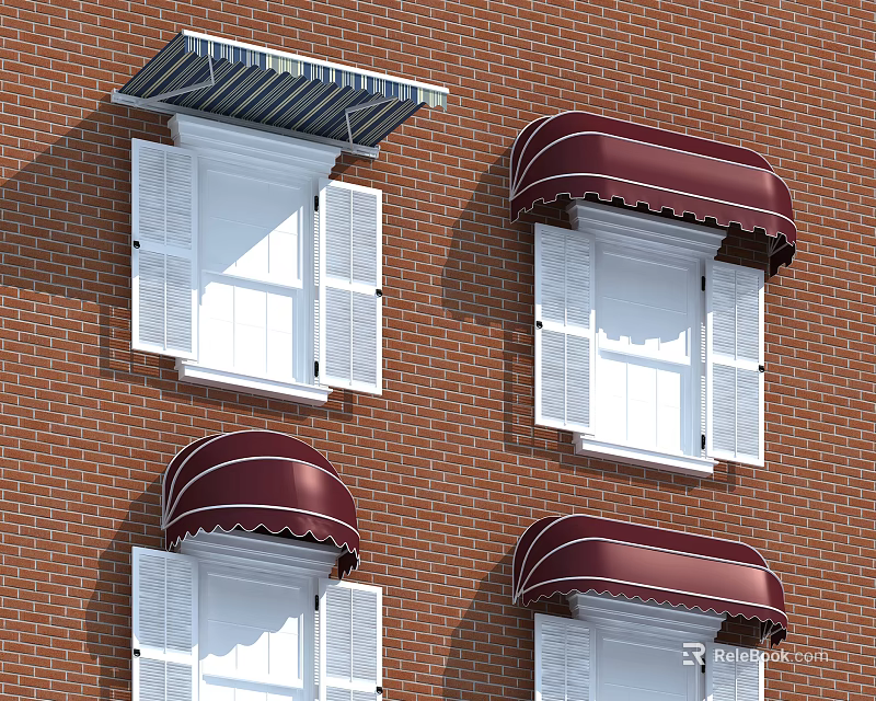 Red Brick Building Exterior With Windows And Stylish Awnings Design 3d model 