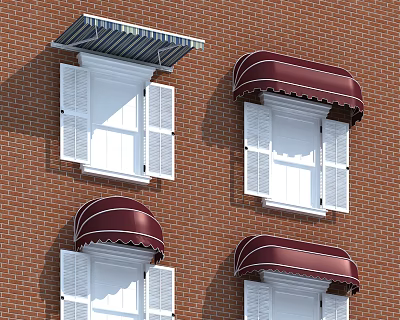 Red Brick Building Exterior With Windows And Stylish Awnings Design 3d model