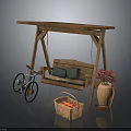 Wooden Swing Chair Setup With Blue Bicycle Plaid Basket And Terracotta Vase With Red Flowers
