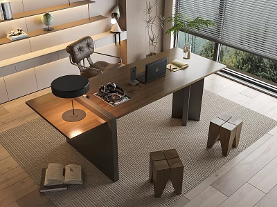 Modern Home Office Wooden Desk With Laptop Coffee Cup Open Books Chair And Potted Plant 3d model