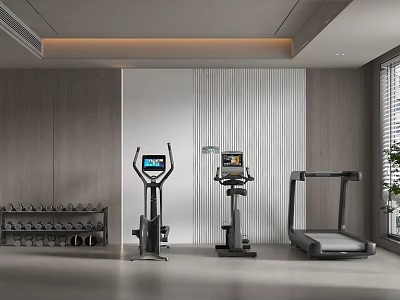 Modern Home Gym Featuring Treadmill Elliptical Bike And Dumbbell Rack 3d model