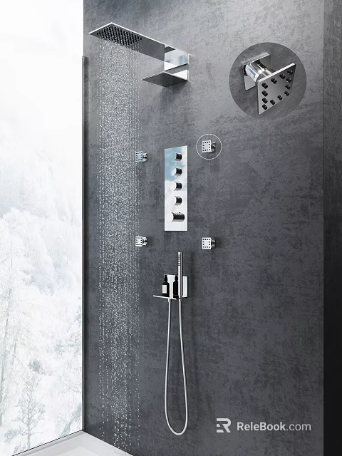 Modern Chrome Rainfall Shower System With Multiple Spray Jets And Handheld Wand On Gray Wall 3d model 