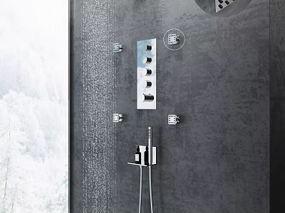Modern Chrome Rainfall Shower System With Multiple Spray Jets And Handheld Wand On Gray Wall 3d model