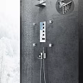 Modern Chrome Rainfall Shower System With Multiple Spray Jets And Handheld Wand On Gray Wall 3d model