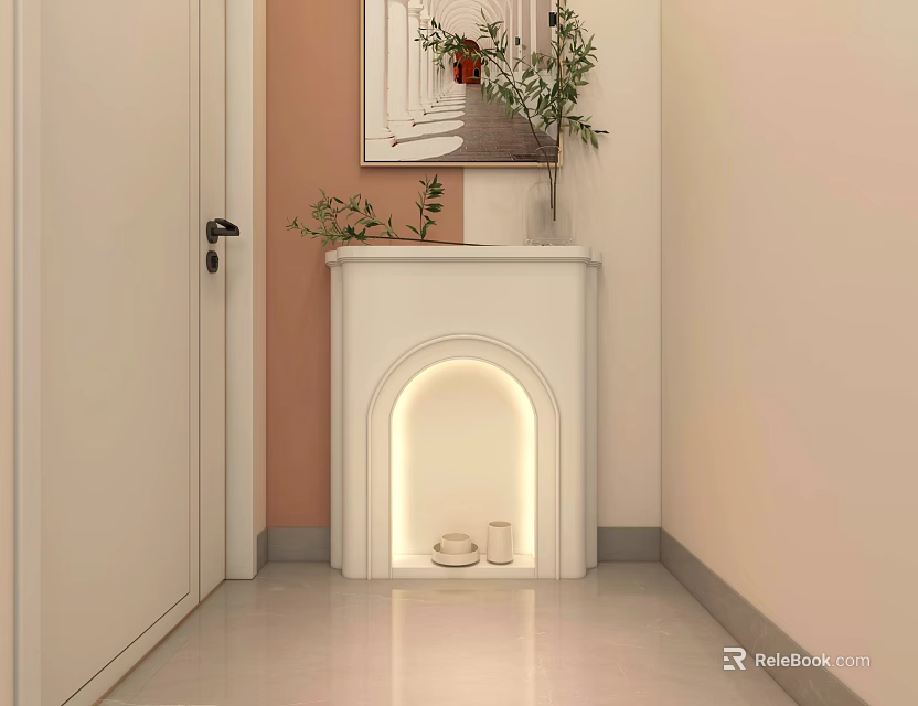 White Modern Fireplace with Mirror Green Plants Soft Lighting and Decorative Ornaments 3d model 