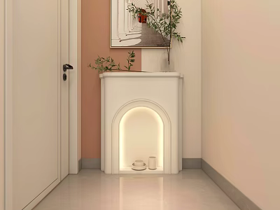 White Modern Fireplace with Mirror Green Plants Soft Lighting and Decorative Ornaments 3d model