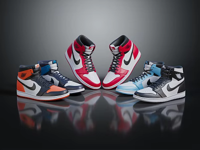 High Top Athletic Shoes In Red White Blue Gray With Swoosh Logo And Reflective Details 3d model