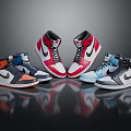 High Top Athletic Shoes In Red White Blue Gray With Swoosh Logo And Reflective Details