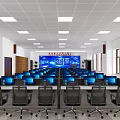 Modern Monitoring Room Interior with Control Consoles Multiple Screens and Workstations