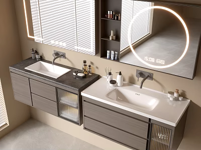 Modern Gray Wall Mounted Bathroom Vanity With Double Sink Round LED Mirror Drawers And Open Shelves 3d model