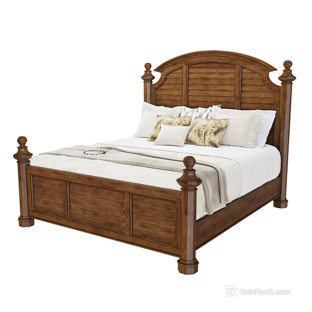 Wooden Double Bed With Pedestal Headboard And White Sheets Decorative Pillows 3d model 