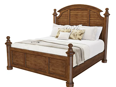 Wooden Double Bed With Pedestal Headboard And White Sheets Decorative Pillows 3d model