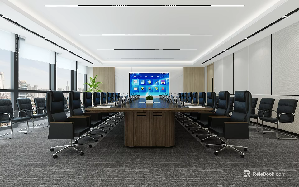 Modern Conference Room Interior With Long Table Black Chairs And Large Screen 3d model