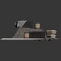 3D Scene Components With Black Boxes Wooden Barrels And Woven Fabric On Metal Platform