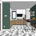 Modern Kitchen With Green Walls White Cabinets Wooden Countertops Geometric Floor Tiles And Black Chairs