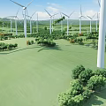 Wind Turbines in Green Landscape With Surrounding Trees Highway and Mountainous Background