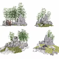 Courtyard Garden Design With Bamboo Trees Rock Features And Small Structures 3d model