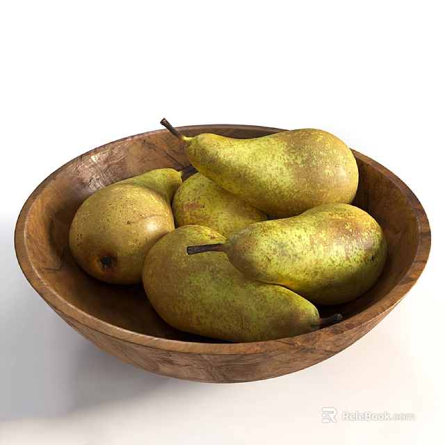 Fresh Yellow Green Pears in Rustic Wooden Bowl on White Background 3d model 