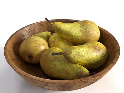 Fresh Yellow Green Pears in Rustic Wooden Bowl on White Background 3d model