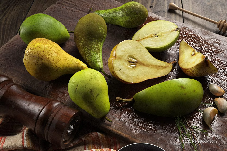 Fresh Pears Displayed on Wooden Cutting Board Whole and Sliced 3d model 