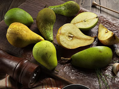 Fresh Pears Displayed on Wooden Cutting Board Whole and Sliced 3d model