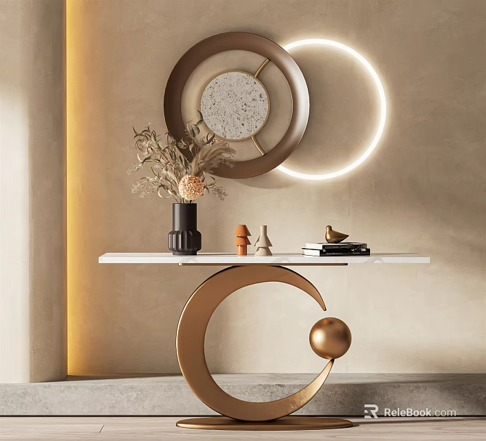 Modern Console Table Design With Marble Top Gold Metal Frame Circular Wall Decor And Lighting 3d model 