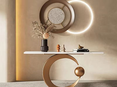 Modern Console Table Design With Marble Top Gold Metal Frame Circular Wall Decor And Lighting 3d model
