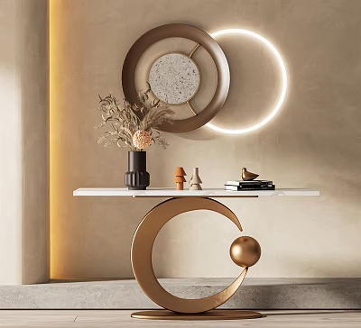 Modern Console Table Design With Marble Top Gold Metal Frame Circular Wall Decor And Lighting 3d model