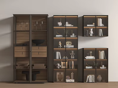 Modern Wooden Display Cabinet With Glass Doors And Shelves Holding Books Decorations And Vases 3d model