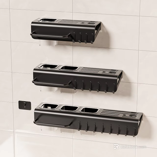 Black Wall Mounted Kitchen Utensil Organizers with Multiple Hooks and Grooves on Light Tiled Wall 3d model 