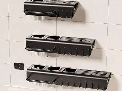 Black Wall Mounted Kitchen Utensil Organizers with Multiple Hooks and Grooves on Light Tiled Wall 3d model