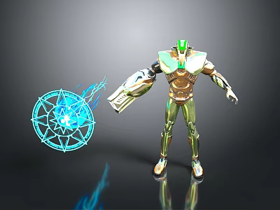 Robot Character With Green Gold Armor Glowing Head Arm Device And Blue Energy Orb 3d model